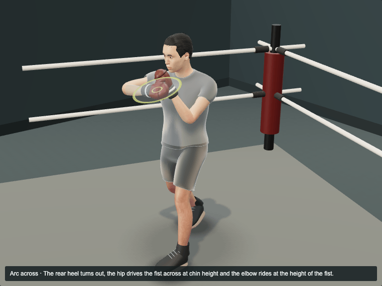 Rear hook: the Rear hook at the Arc across phase, the rear heel turns out, the hip drives the fist across at chin height and the elbow rides at the height of the fist.